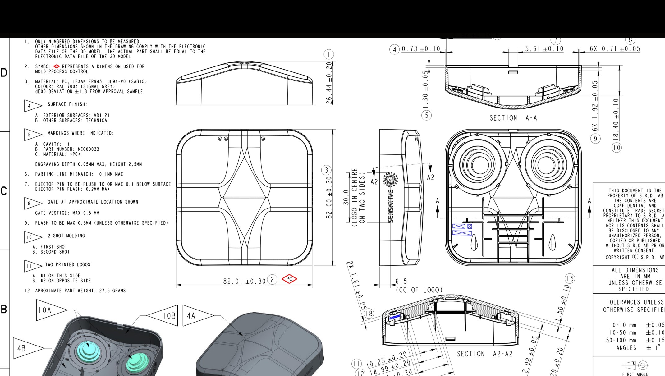 Engineering drawing of the SeatSense plastic casing with 3D renders and section views